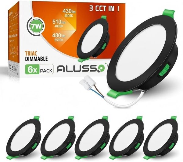 ALUSSO LED Einbaustrahler 6er-Set, Decken Leuchte, Flach Strahler für Bad, Wohnzimmer, 230V, 7W, 90-100 mm, Rund, Schwarz