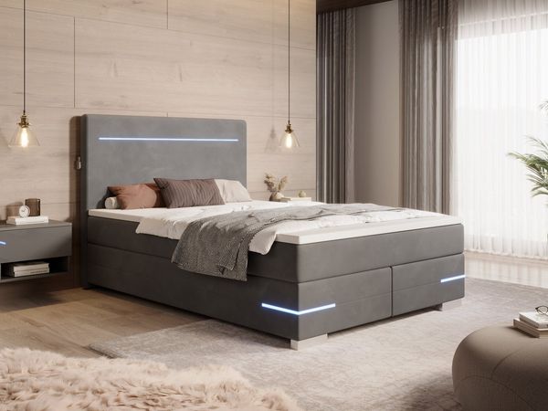 wonello Boxspringbett Portland, Samt Bett mit LED-Beleuchtung, 2x USB-Anschluss und Topper