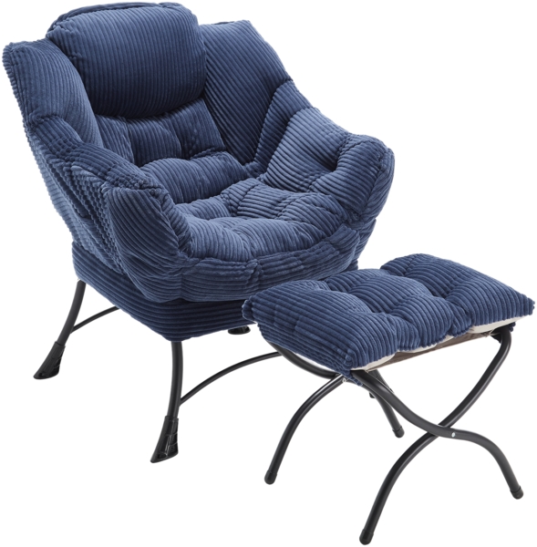 LVHOM Relaxsessel mit Hocker, Armlehnstuhl Fernsehsessel Lesesessel mit Seitentasche, Cord Bezug, bequem gepolstert, bis 180kg belastbar, Blau