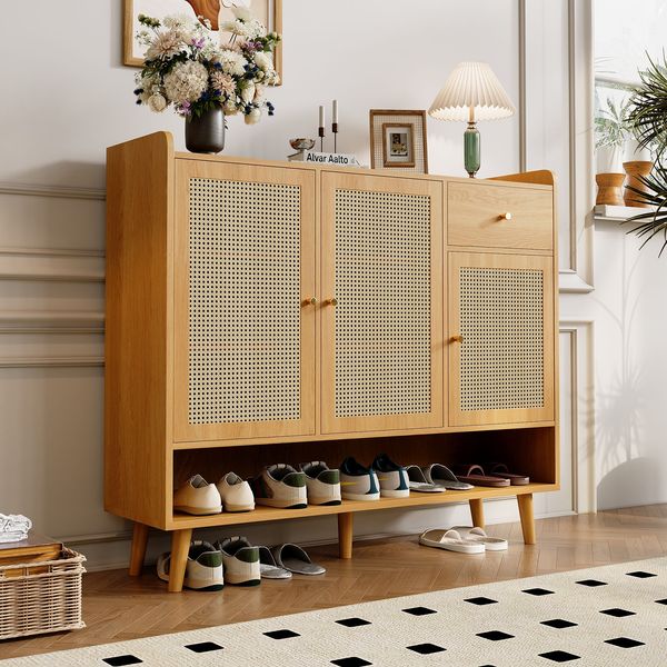 Tisch 120x35x106 cm mit 3 Türen, 1 Schublade und mehreren Regalböden, Natural, Spanplatte mit Massivholzbeinen