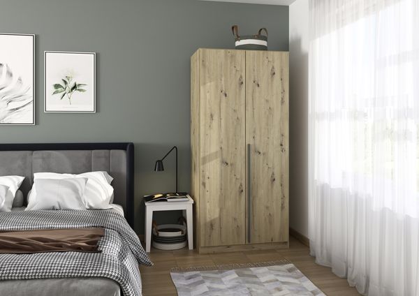 rauch Kleiderschrank Alba, Drehtürenschrank, Garderobenschrank, 2-türig, mit 1 Kleiderstange und 1 Einlegeboden , Farbe Eiche Artisan, Holz, Griffstange Grau metallic, Schwarz, 91x197x56cm