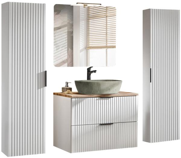 Badmöbel Komplett Set matt weiß Rillenoptik ADELAIDE-56-WHITE Spiegel & Waschtisch mit Keramikbecken, 2 Hochschränke