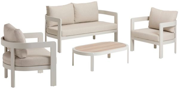 Dehner Gartenlounge-Set Altea, 4-teilige Sitzgruppe, inkl. Tisch, Aluminium / Polyester, creme, standfeste Lounge, inkl. Kissen und Tisch