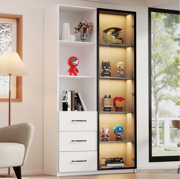 Merax Glasvitrine mit LED-Beleuchtung (1-St, Badezimmerschrank Stehend Vitrinenschrank) Vitrine Hochschrank mit 3 Schubladen, Regalen & Glastür, 80x40x160cm