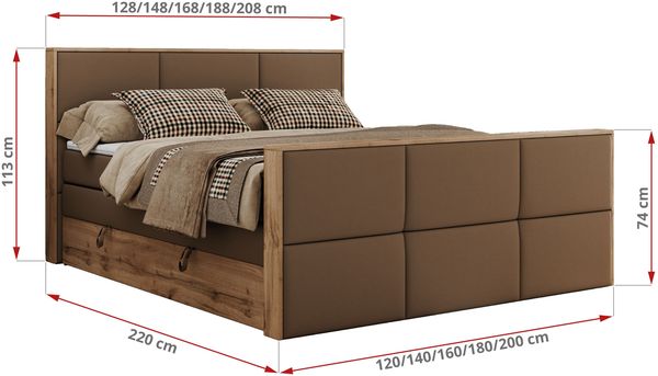 Doppelbett, Boxspringbett mit zwei Multipocket-Matratzen und ein Topper, Bettkästen, Eiche Wotan Holzrahmen, genähtes Kopfteil und Front - ALBERO 2 KING DUO - 200 x 200 cm - Braun Kunstleder - H4 Bild 6