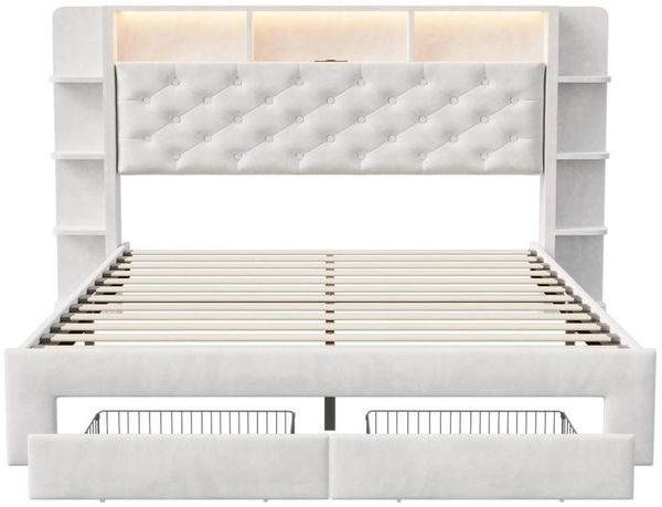 Gdood Stauraumbett Polsterbett Doppelbett LED, 140x200/160x200 cm (1-tlg, Kostenloser integrierter Nachttisch, mit 2 Schubladen), Mit LED-Beleuchtung, Ladefunktion, Samtstoff