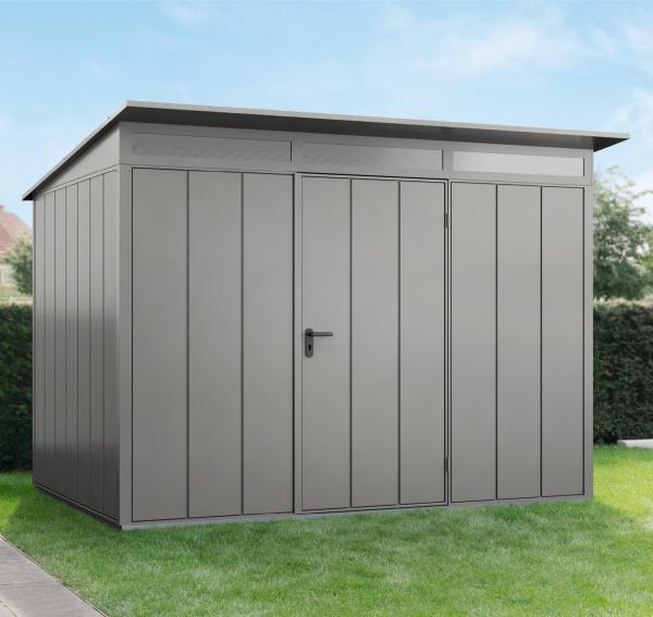 Hörmann Ecostar Metall-Gerätehaus Elegant mit Pultdach Typ 3, 238 x 303 cm , graualuminium, 7,2 m²,1-flüglige Tür