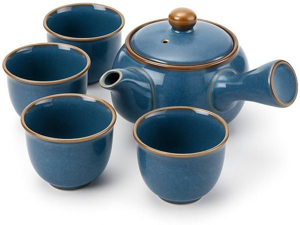 Goodwei Teeservice Japanisches Kyusu Teeset „Umi“ – Seitengriffkanne mit Sieb, 4 Tassen (5-tlg), 1 Personen, Keramik, handgearbeitet
