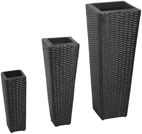 3-tlg. Garten-Hochbeet Blumentopf Poly Rattan Schwarz