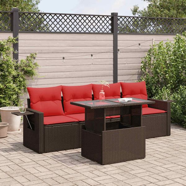 vidaXL 5-tlg. Garten-Sofagarnitur mit Kissen Braun Poly Rattan Akazie 3326405