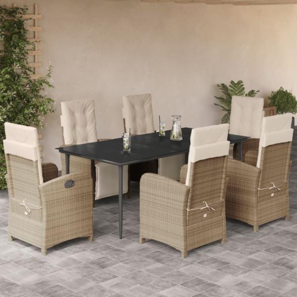 vidaXL 7-tlg. Garten-Essgruppe mit Kissen Beige Poly Rattan 3212575