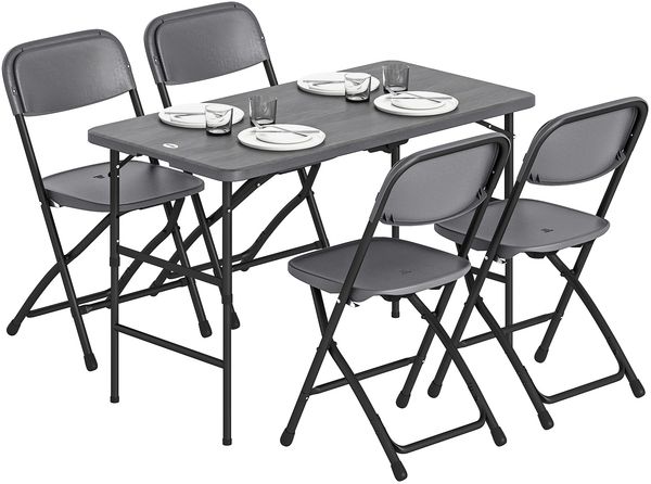 Gartenmöbel-Set mit verstellbarem Klapptisch (55–74 cm) und 4 Klappstühlen für die Terrasse, Grau