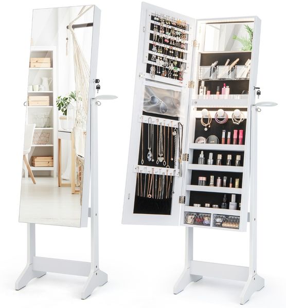 LED Schmuckschrank mit Ganzkörperspiegel und Schminkspiegel 41 x 37 x 156 cm Weiß