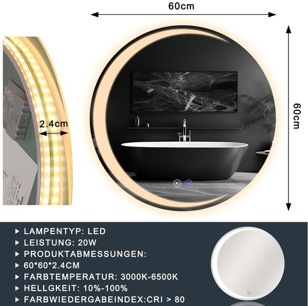 ZMH Runder Badezimmerspiegel mit Beleuchtung – 60 cm runder Wandspiegel LED IP44 runder Badezimmerspiegel mit Touch-Schalter und Antibeschlagfunktion Bild 2