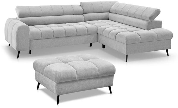 Beautysofa Ecksofa mit Hocker und verstellbaren Kopfstützen VINNI, mit Schlaffunktion und verstellbaren Kopfstützen, Auf B-Federn, auf schwarzen Metallfüßen