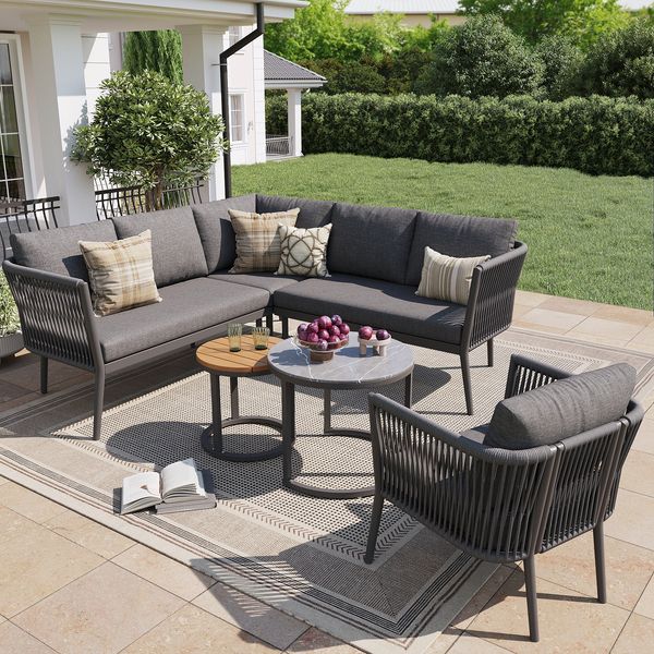 Gartenlounge-Set für 5-6 Personen, modulares Ecksofa mit wasserfester Sitzbank und Kissenset, Terrasse Balkon, Grau