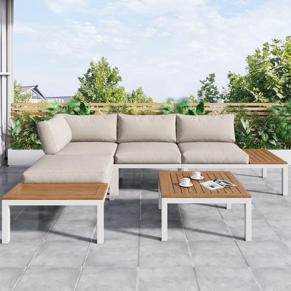 Merax Garten-Loungesessel-Set, Gestell aus verzinktem Stahl, (2x Zweisitzer, 1x Tisch), Akazienholzplatte, beige