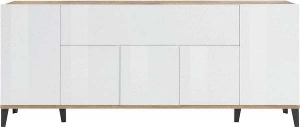 Dmora Kommode Amour, Küchen-Sideboard mit 6 Türen, Wohnzimmer-Buffet, 100 % Made in Italy, 200 x 40 x 82 cm, glänzendes Weiß und Ahorn, Bild 4