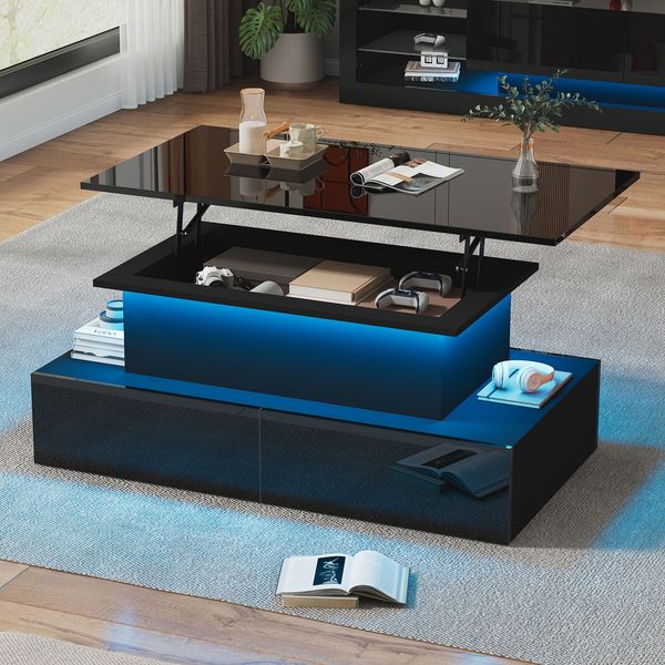 LED-Couchtisch Schwarz Hochglanz 90x55x41 cm, moderner Wohnzimmertisch mit Beleuchtung