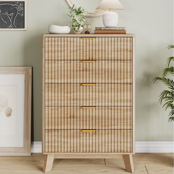 FUROKOY Kommode mit 5 Schubladen Holz Schrank, Sideboard mit Metallgriff,Wellenstruktur vorne,Naturholzfarbe