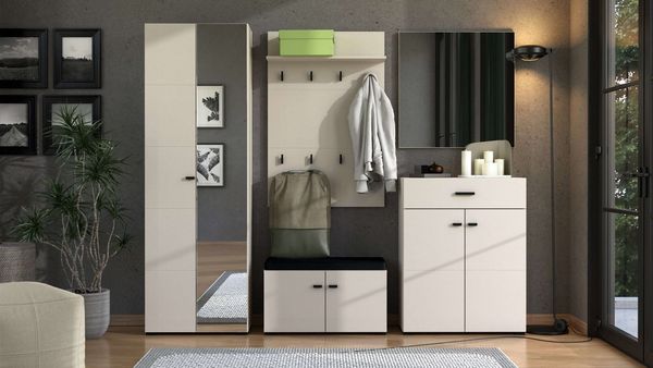 Home affaire Garderoben-Set Rathlin Flurmöbel, Dielenmöbel, Flurschrank, Flurgarderobe, (5-St, 5tlg), inkl. 2 Schränke, Sitzbank mit Kissen, Garderobenpaneele und Spiegel
