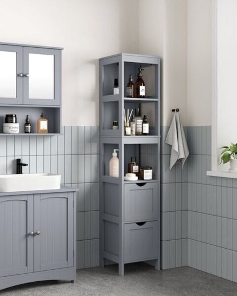 Vasagle Badezimmerschrank mit 2 Schubladen und 3 offene Fächer, MDF, 30 x 30 x 141,5 cm, Taubengrau