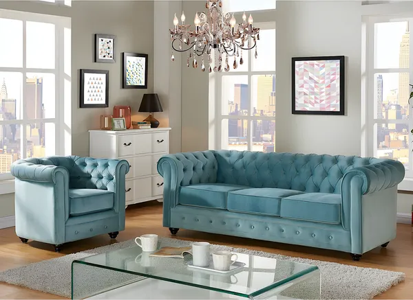 Vente-unique - CHESTERFIELD Sofa and armchair set SamtStoff Blau - B 78 cm88 cm x H 72 cm x L 205 cm82 cm