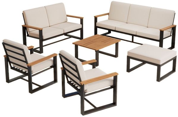 KLAM HOME Garten-Essgruppe Garten-Lounge-Set Beige – Komplett-Set für Großfamilien, (Verzinkter Stahl & Akazienholz-Tischplatte), Modular kombinierbar für Garten & Terrasse