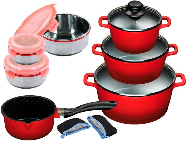 KING Topf-Set ALUGUSS, Aluminiumguss (Set, 15-tlg, je 1 Kochtopf 16/20/24 cm, 1 Stieltopf 16 cm, Schüsselset, Grips), Keramikantihaftbeschichtung, Induktion