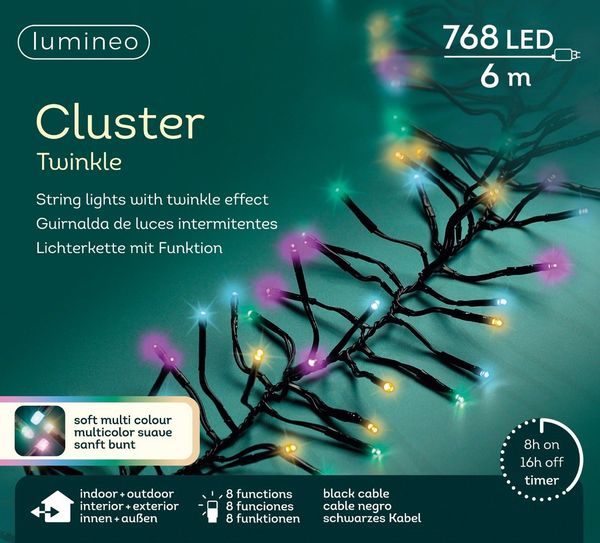 Lumineo LED-Lichterkette Lumineo Lichterkette Cluster 768 LED 7 m Bunt, schwarzes Kabel, Dimmbar, Timer, Indoor, Outdoor