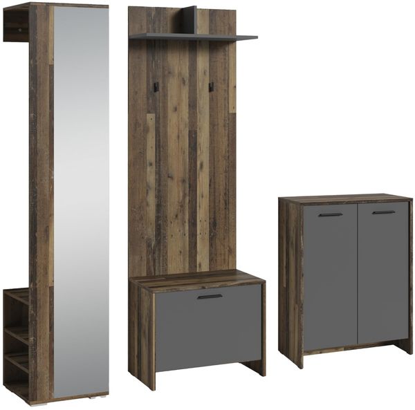 byLIVING Garderoben-Set Ben/Flur Garderobe mit Spiegel/viel Stauraum / 4-teilig/Hochschrank/Wandpaneel/Sitzbank/Kommode (Old-Wood-Optik/Anthrazit)