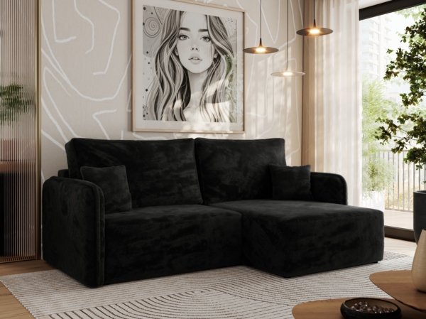 L-förmiges Ecksofa mit Armlehnen, für das Wohnzimmer, Schlaffunktion und Bettkästen, Wellenfeder am Sitz, losen Kissen - MESTO - Schwarz Plüschstoff - rechte Seite