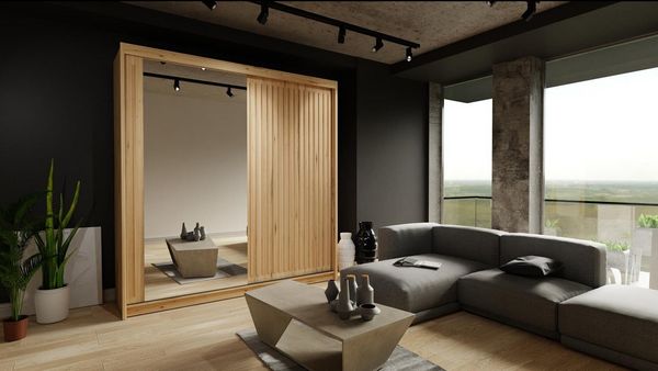 Compleo Schwebetürenschrank 203 cm breit, Elegant design, Kleiderschrank mit Lamellen ROY