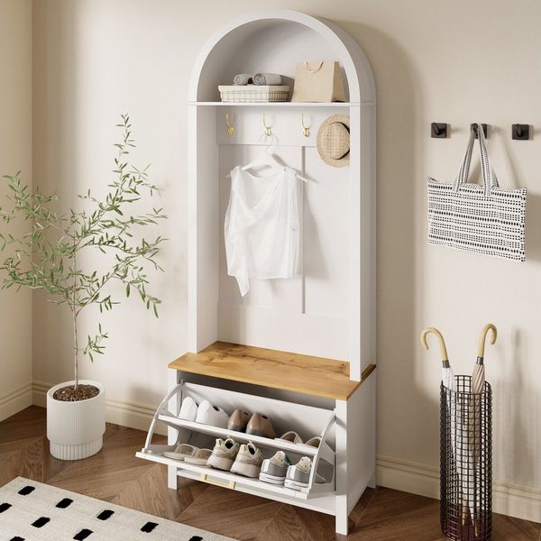 Merax Garderoben-Set mit Schuhregal, Ablage & Haken, (Garderobenkombination Möbelset Eingangsbereich-Schrank, 1-St, 75x35x195cm), Flurschrank Garderobenschrank mit Eisenfuß,für Eingangsbereich & Diele
