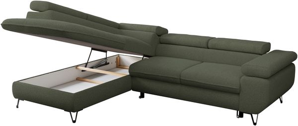 Mks Möbel 'Peter L-form' Ecksofa mit Bettfunktion, Bettkasten & einstellbaren Kopfstützen, Grün, Boucle, mit Topper, links Bild 5