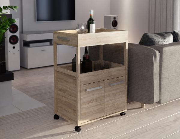 FORTE Home Bar Barschrank mit Rollen, Holzwerkstoff, Beige, 60 x 88,5 x 40 cm