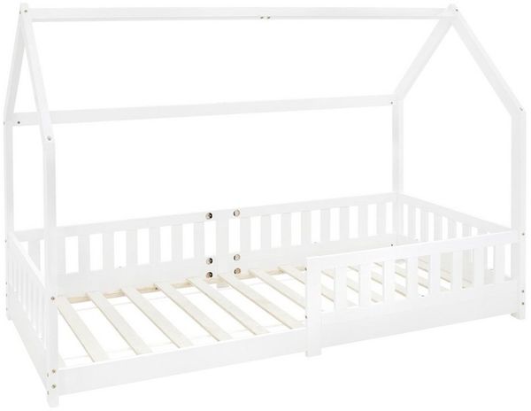 ML-DESIGN Kinderbett Hausbett Spielbett inkl. Lattenrost kreativ Bodenbett für Kinder, Abenteuerbett mit Rausfallschutz Spielbett Kiefer Weiß Himmelbett