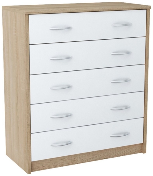 Home Collective Kommode mit 5 Schubladen mit matter Oberfläche, Kommode 74cm breit Holz (Schlafzimmer Wohnzimmer Flur Büro Organizer, Metallrollen mit Auszugsstopp), Schrank mit Schubladen Sideboard Highboard Anrichte Sonoma-Weiß