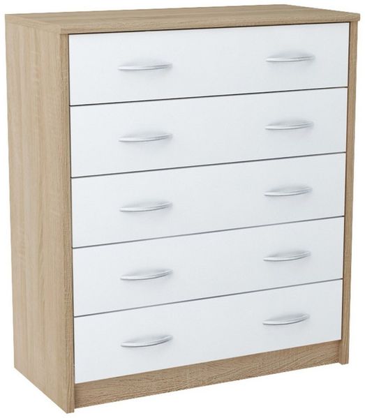 Home Collective Kommode mit 5 Schubladen mit matter Oberfläche, Kommode 74cm breit Holz (Schlafzimmer Wohnzimmer Flur Büro Organizer, Metallrollen mit Auszugsstopp), Schrank mit Schubladen Sideboard Highboard Anrichte Sonoma-Weiß