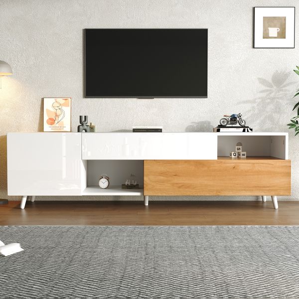 TV-Schrank 180x38x50 cm in Weiß und Holzoptik, Hochglanzfront, 1 Schublade, Klapptür und 5 Holzbeine
