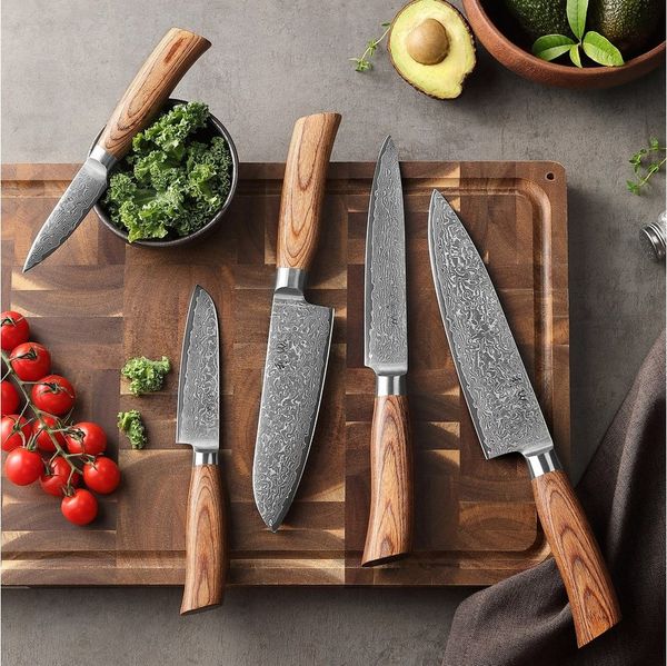 Wakoli Messer-Set Edib Pro 5 Damastmesser I Kochmesser Küchenmesser I 8-20cm Klingen (Damastmesser mit Geschenkbox, 5-tlg, 5er Damastmesser-Set mit Holzbox), aus 67 Lagen Damaststahl, VG-10 Stahlkern