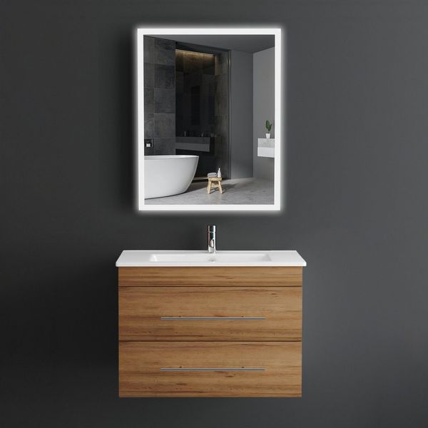Alpenberger Badmöbel-Set Bad Möbel - Waschbecken mit Unterschrank und Spiegel mit Beleuchtung, (Waschtisch Farbe Bamboo, Badezimmer Möbel 70 cm Breit), Waschbeckenunterschrank Hängend + Vormontiert