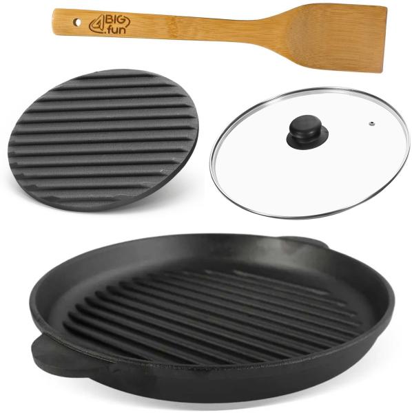 Ø26cm Grillpfanne aus Gusseisen Bräter mit Pressdeckel Glasdeckel Pfannenwender Schmortopf zwei Griffe Servierpfanne Grill