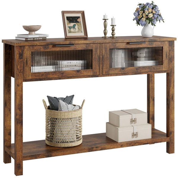 GarveeMore Konsolentisch 2-stufiger aus Holz mit 2 Glasschubladen und Stauraum, Eingangstisch,Sofatisch für Wohnzimmer und Foyer,110x30x80cm