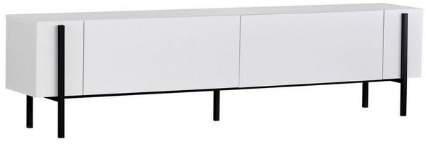 Modernes TV-Möbel mit Metallbeinen, 180 cm breit, 30 cm tief, 45 cm hoch | 100% melaminbeschichtete Spanplatte, 18 mm dick | Schlichtes Schwarz & Holzfinish, perfekt für zeitgemäße Wohnzimmer