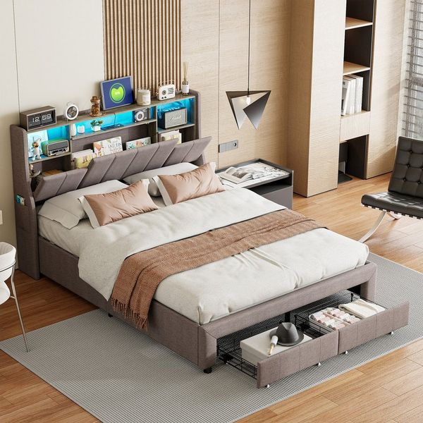 Furnishings Home Polsterbett LED Doppelbett Stauraumbett Ladefunktion (Zwei USB + Zwei Steckdosen), Mit LED Beleuchtung, Lattnenrost, 2 Schubladen, Leinen, 140x200 cm