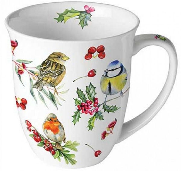 Ambiente Luxury Paper Products Becher Blumen, Frühling, Vogel, Sommer, Blossom, Mug, Winter Motiv, 1-tlg, Porzellan Tasse, Wintervögeln, Gartenvögel,Rotkehlchen, Vögelchen, Becher 0,4 L Vögel im Winter, Frühling, Herbst, Kollektion, Tischdeko, als Gesc...