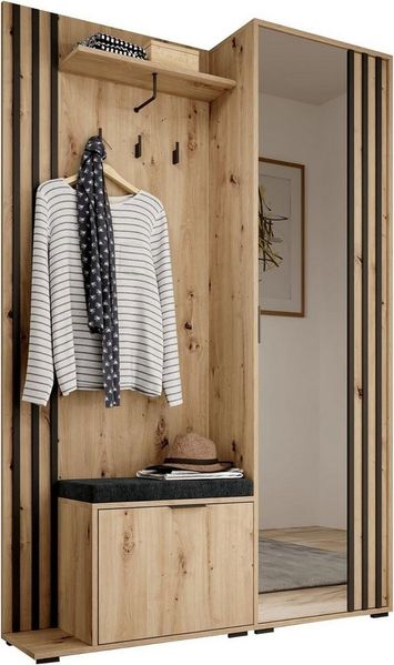MOEBLO Kompaktgarderobe JOHN (Dielenschrank Wandschrank Regal Diele & Flur Kleiderschrank Schuhschrank, mit Spiegel Flurgarderobe Schrank Kompaktgarderobe), (BxHxT): 135x197x34cm