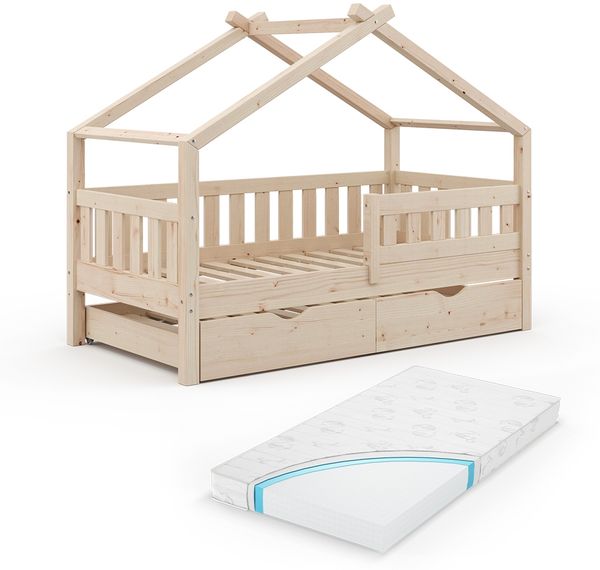 Hausbett Design Naturholz 80x160 cm mit Gästebett und Matratze Vitalispa