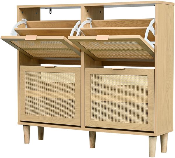 Schuhschrank mit 4 Klappschubladen, Landhaus Schuhkommode aus Spanplatte mit Rattan-Klapptüren & Metallgriffen, platzsparendes Schuhregal 100 x 25 x 90 cm Eichenoptik für Flur & Schlafzimmer